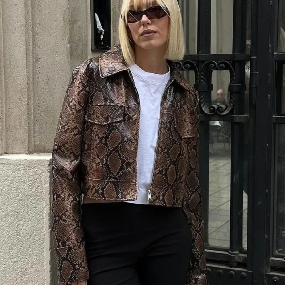 Fashion Snake Printed Short Jacket Women Lapel Zipper Long Sleeve - Picture 2 of 15